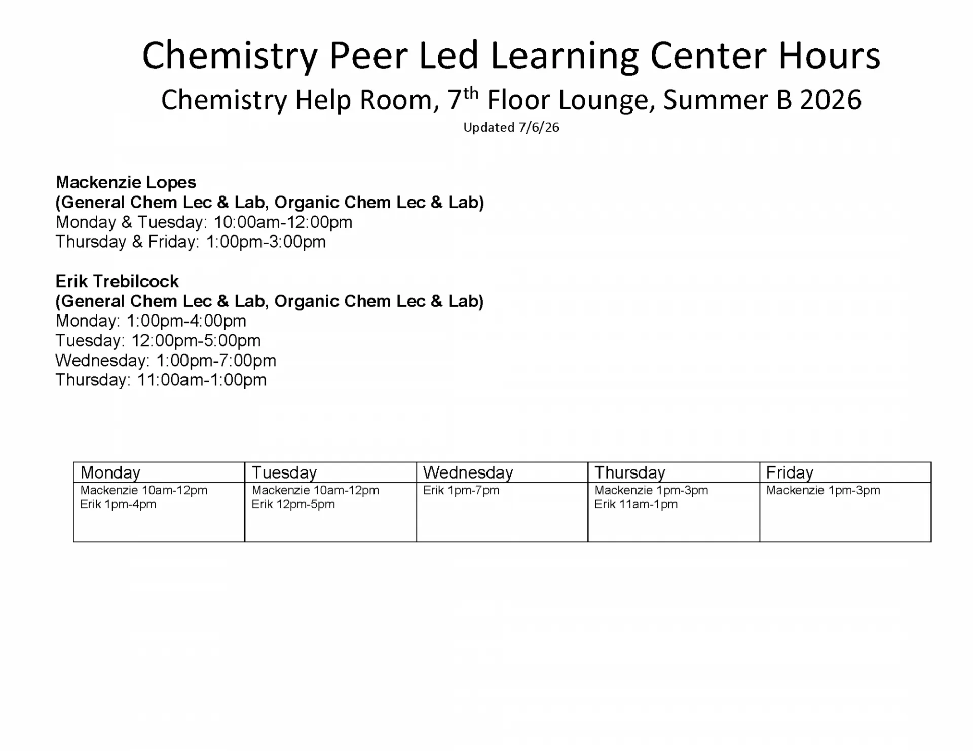Image of Chemistry Peer Led Learning Center Hours