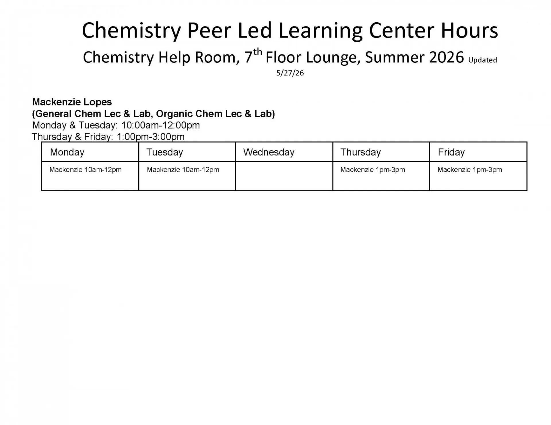 Image of Chemistry Peer Lead Learning Center Hours